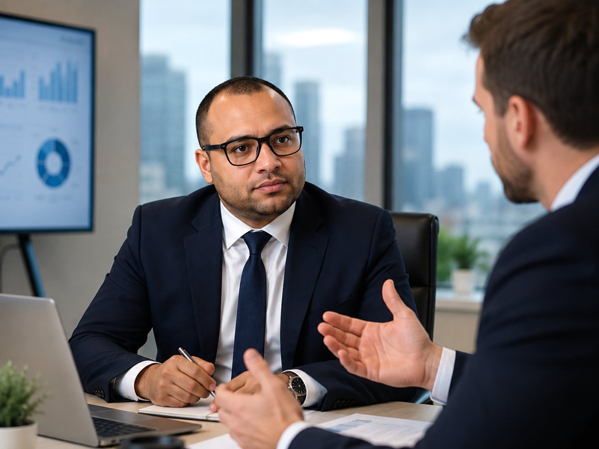 Jonas Osman Abdelghafour in a client advisory meeting on risk modelling